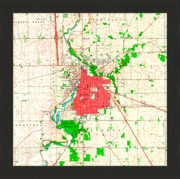 Topographic Map of the Owatonna Minnesota Area in 1962 Custom Framed Print