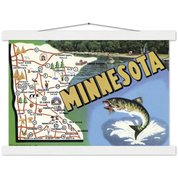 Vintage Minnesota State Map 1950s Classic Semi-Glossy Paper Poster & Hanger