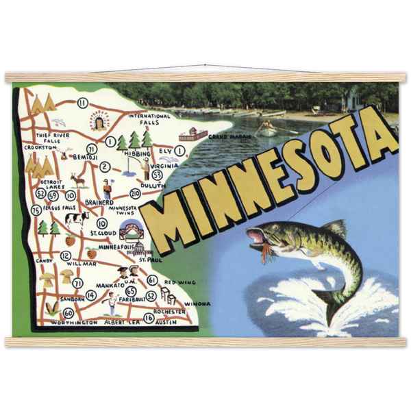 Vintage Minnesota State Map 1950s Classic Semi-Glossy Paper Poster & Hanger