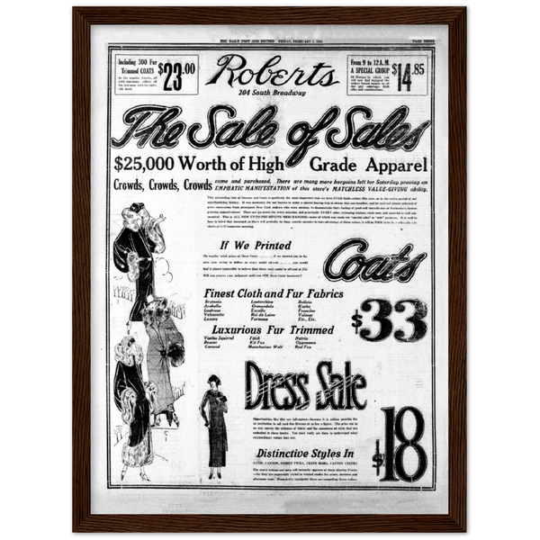 Roberts Clothing Store 1924 Ad Wooden Framed Poster