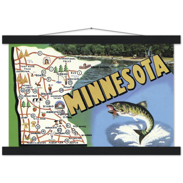 Vintage Minnesota State Map 1950s Classic Semi-Glossy Paper Poster & Hanger