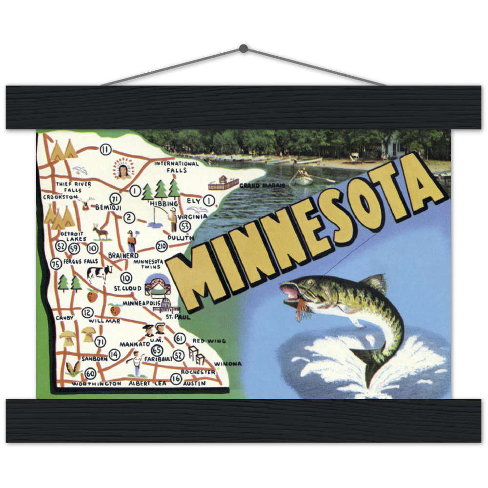 Vintage Minnesota State Map 1950s Classic Semi-Glossy Paper Poster & Hanger