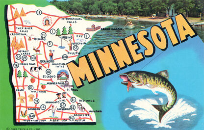 Vintage 1940s Minnesota Map with Walleye Jumping Print